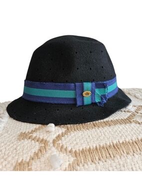 Y2K Juicy Couture Wool Hat Fedora Black Perforated Striped Band Vintage